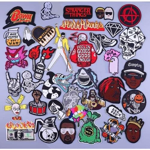 Hippie Punk Biker Skull Fusible Patch Iron On Patches For Clothing Heart Badge Rock Clothing Stickers For Jackets Jeans Stripes