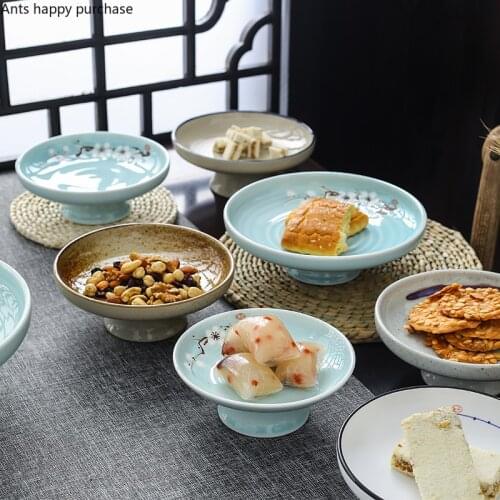 Ceramic Plate Fruit Tray Stilt Refreshment Tray Hand Painted Plum Decoration Plate Dessert Snack Dishes Salad Bowl Tableware