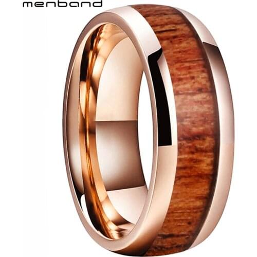 Rose Gold Tungsten Ring Wedding Band For Men Women With Koa Wood Inlay Domed Polished Comfort Fit 8MM Comfort Fit