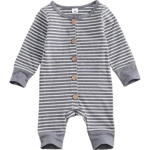 Newborn Baby Striped Romper Jumpsuit Infant Toddler Long Sleeve O Neck Button Autumn Spring Cotton Rompers Jumpsuit 0-12M