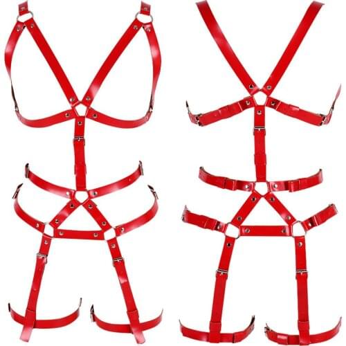Red Leather Set Harness Bra Belt Gothic Punk Festival Rave Adjustable Sexy Lingerie Body Cage Garter Belts Suspender Stockings