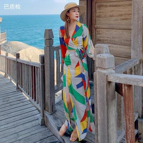 Summer Color block Beach 2 Pieces Set Women V-neck Hollow out Long Sleeve Lace up Crop Tops+ High waist Split Long Skirt Suits