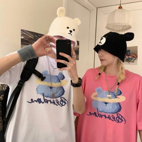 Summer 2021 New Summer Harajuku Style Cartoon Bear Short-Sleeved T-Shirt Loose Pink Couple Top Women