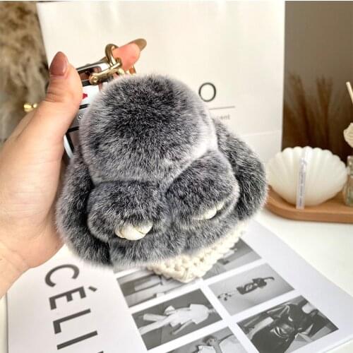 Cute Plush Bunny Real Rex Rabbit Fur Keychain Kids Toy Schoolbag Pendant Trinket Women Bag Charm Car Key Ring Mobile Phone Gift