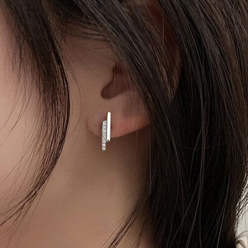 Fashion Silver Color Simple Geometric Rectangular Single Row Zircon Crystal Stud Earrings For Women Girls Wedding Party Jewelry