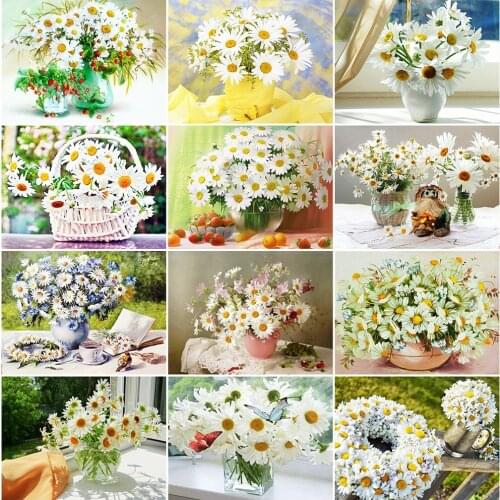 MomoArt Diamond Painting Flower Picture Rhinestone Diamond Mosaic Daisy Cross Stitch Kits Embroidery Vase Full Square Home Decor