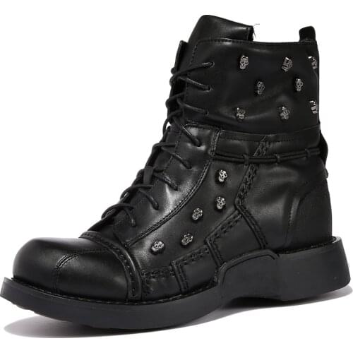Punk Mens Cowhide Genuine Leather Work Boots Military Combat Boots Gothic Skull Punk Motorcycle Martin Boots