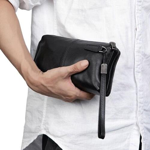 Mens Leather Clutch Purse Wallet Wristlet Zipper Handbag Coin Phone Card Carrier Organizer Holder Wrist Bag Pack Business Travel