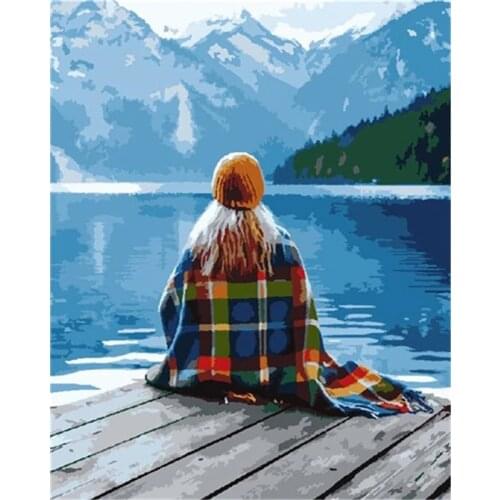 AMTMBS Picture By Number Girl Site Beside River Drawing On Canvas HandPainted Art Painting DIY Oil Paint By Numbers Home Decor