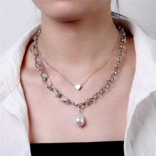 Punk Layered Chain Necklace White Color Pearl Pendant Necklace Women Heart Choker Necklace Collar Mujer Couple Jewelry Gift