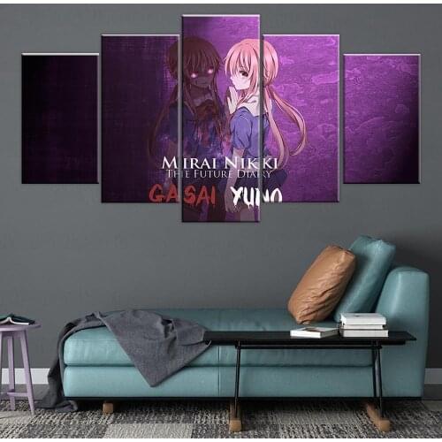 Prints Canvas Painting Home Decoration 5 Pcs Panel Mirai Nikki Gasai Yuno Animation Wall Artwork Modular Pictures Posters Frame