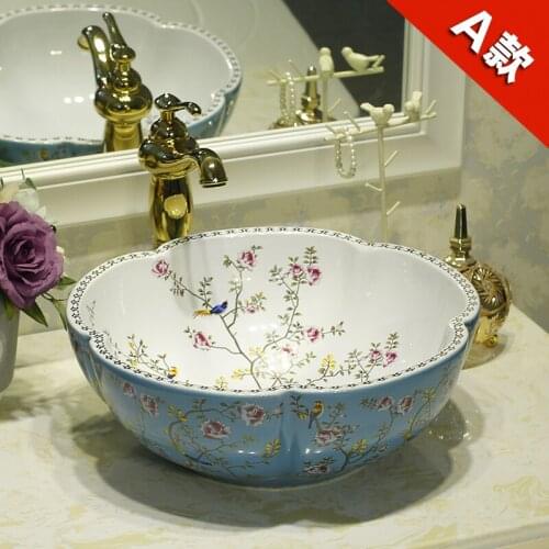 Flower and bird Europe Vintage Style Art wash basin Ceramic Counter Top Wash Basin Bathroom Sinks vessel sinks bathroom bowl
