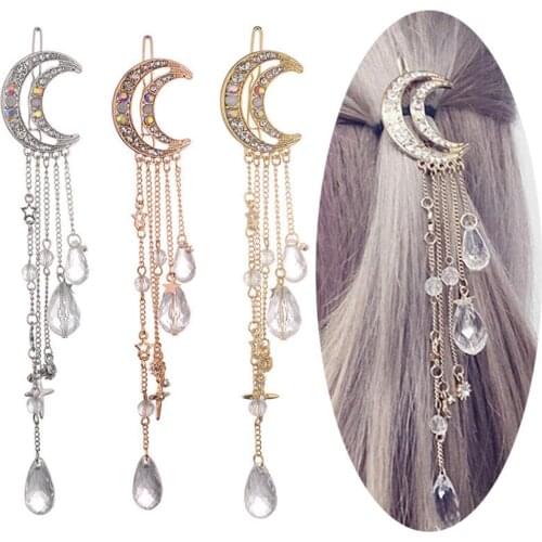 Retro Women Clip Moon Rhinestone Crystal Pendant Pin Tassel Long Chain Beads Hairpin Ladies Hair Jewelry Hair Clip Drop Shipping