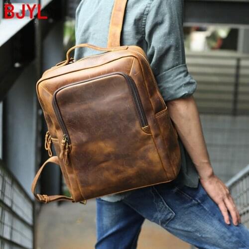 Vintage Leather Men Backpack Computer Bag 15.6 Inch Laptop Bag Shoulder Bags Mens First Layer Cowhide Large Capacity Simple Big