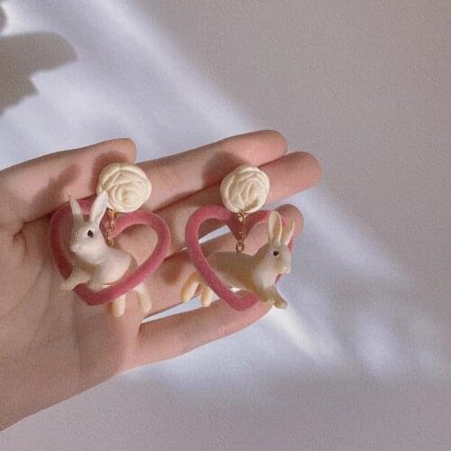 Cute Resin Rose Flower Rabbit Earrings for Women Girlfriend Birthday Gift Korean Fashion Ear Rings Jewelry Vintage Heart Earings