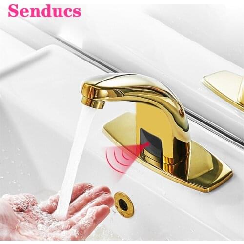 Sensor Basin Faucets Senducs Single Cold Sensor Bathroom Mixer Tap Quality Brass Gold Basin Faucet Sensor Basin Mixer Taps