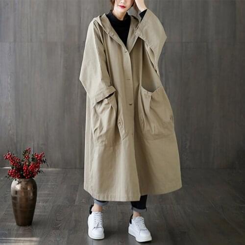 Oversized Loose Women Trench Long Pocket Hooded All Match Vintage Solid Female Outwear Coats Tops
