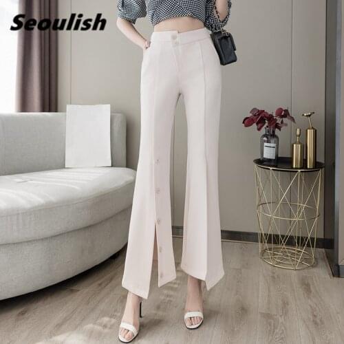 Seoulish 2021 New Formal Womens Flare Pants Spring Summer Buttons Front Split High Waist Female Workwear Elegant Trouses
