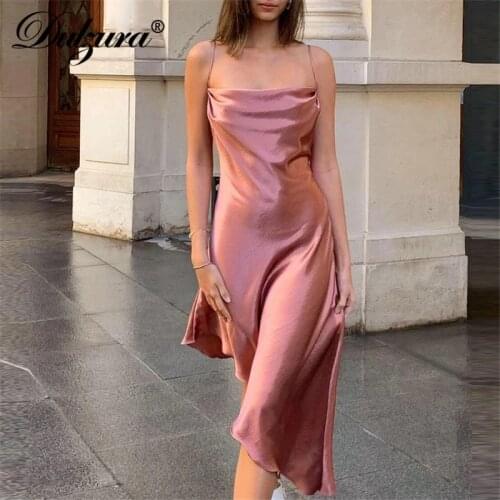 Dulzura Satin Women Stacked Midi Dress Strap Lace Up Bandage Loose Sexy Backless Party Elegant 2020 Autumn Winter Clothes Dinner