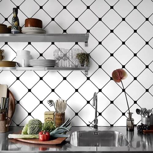 60x98cm Kitchen Oil-proof Sticker Nordic Wall Sticker Black White Lattice Wallpaper Geometric Tile Self-adhesive Wallpaper Decor