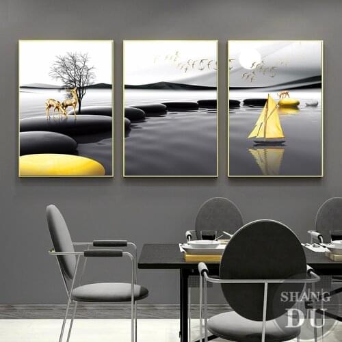 Abstract Black Yellow Deer Boat Stone Poster Landscape Wall Art Print Canvas Painting Pictures For Living Room Home Nordic Decor