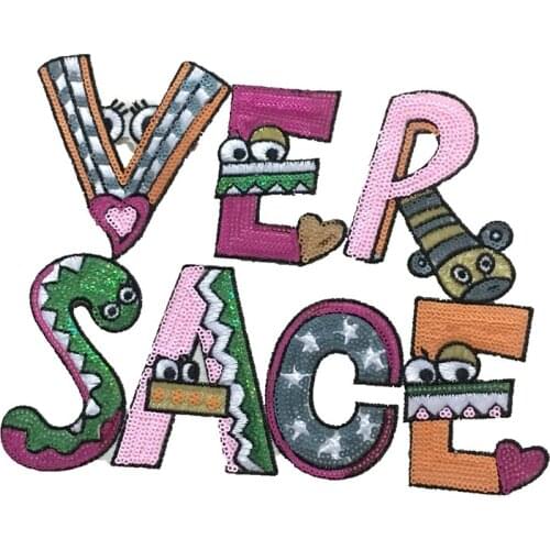DZ New Arrival VER-SACE Sequined Iron on Patches for Clothes DIY Accessories Cartoon Letters Embroideried Applique Patch 1 Piece