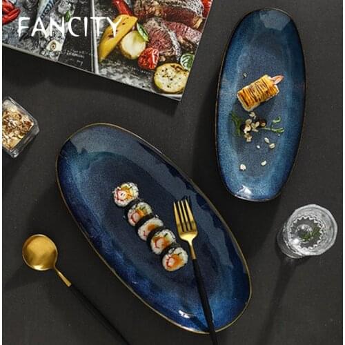 FANCITY Commercial Large Blue Glazed Kiln Ceramic Fish Plate Oval Plate Vegetable Plate Steamed Fish Plate Sushi Plate Western