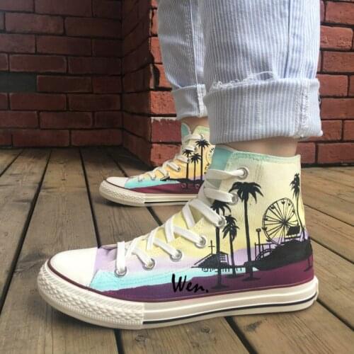 Wen Hand Painted Shoes Original Design Custom Seaside Coconut Tree High Top Men Womens Canvas Sneakers