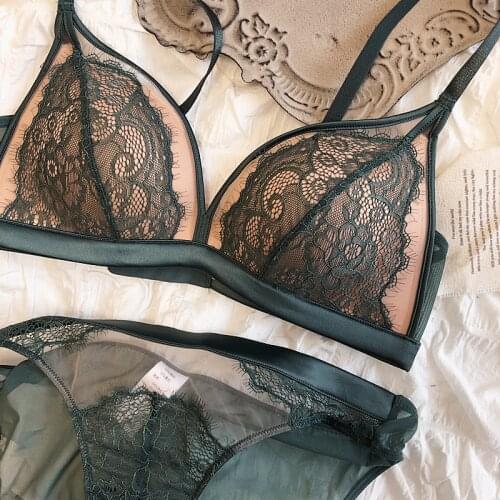 No insert wire free bra set fixed shoulder strap rear double row buckle underwear sets women lace breast-collecting lingerie