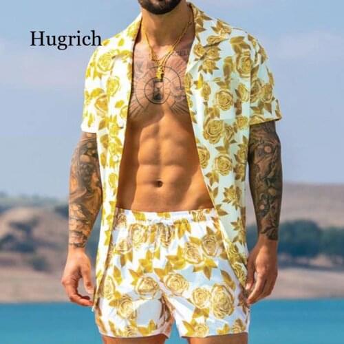Men Hawaiian Sets Printing 2021 Summer Short Sleeve Button Shirt Beach Shorts Streetwear Casual Mens Suit 2 Pieces S-3Xl