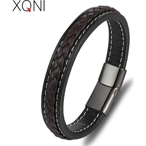 XQNI Cross Design Charm Leather Bracelet for Men Black/blue Braid Rope Chain Stainless Steel Magnetic Clasp Male Bangle Gifts