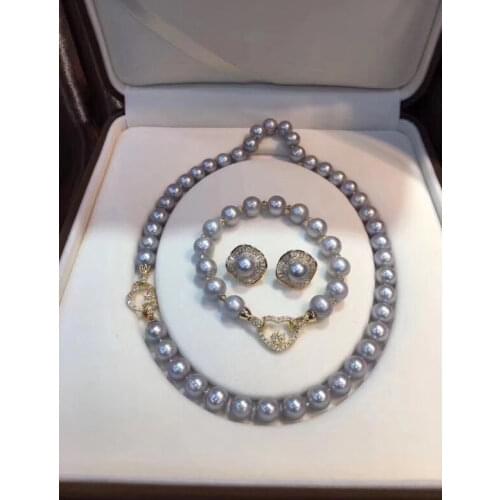 D429 Pearl Set Fine Jewelry Almost Round 9-10mm Natural Fresh Water Gray Pearls Jewelry Sets for Mother Presents