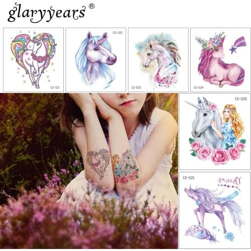 Glaryyears CD unicorn Makeup Temporary Tattoo Sticker Fake Tatoo Colorful Flash Tatto Waterproof Small Body Art Woman Child