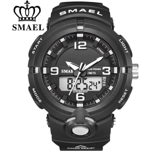New 2021 SMAEL Brand Solar Energy Watch Digital Quartz Men Sports Watches Multifunctional Dual Time Outdoor Military Wristwatch