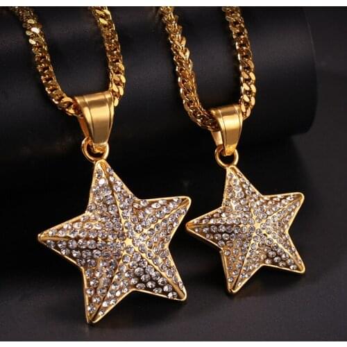 Hip Hop Rhinestones Bling Iced Out Gold Color Stainless Steel Star Pendants Necklace for Women Men Fashion Jewelry Dropshipping