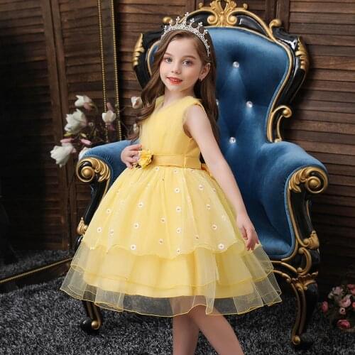 Girls Dresses with Yellow Appliqued Flowers Children Dress for Shool Performance 3-5-7-9Y Girls Ball Gown Dress Costumes Clothes