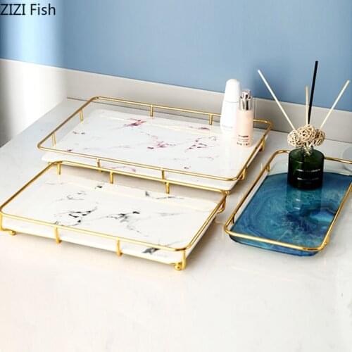Marble Texture Ceramics Mirror Trays Decorative Bathroom Skin Care Product Storage Dreamy Color Tray Metal Frame Jewelry Plate