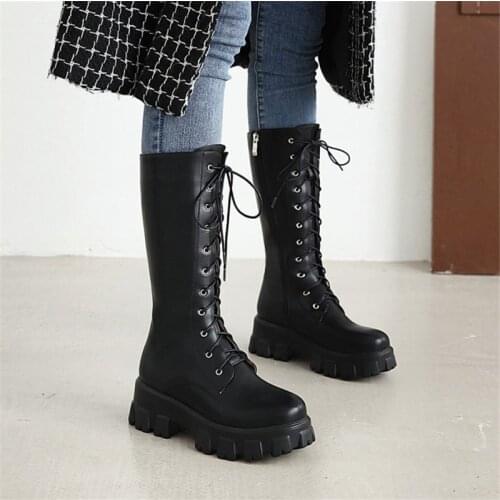 PXELENA Women Thick Platform Combat Boots Lace Up Chunky Block High Heels Motorcycle Knight Mid Calf Boots Plus Size 34-43 Shoes