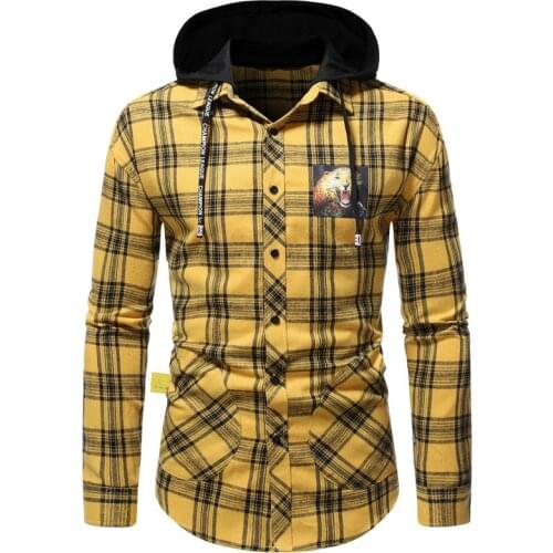Spring autumn Long sleeve shirt men High street Fashion Hip hop Hooded plaid shirt mens brand Casual shirts