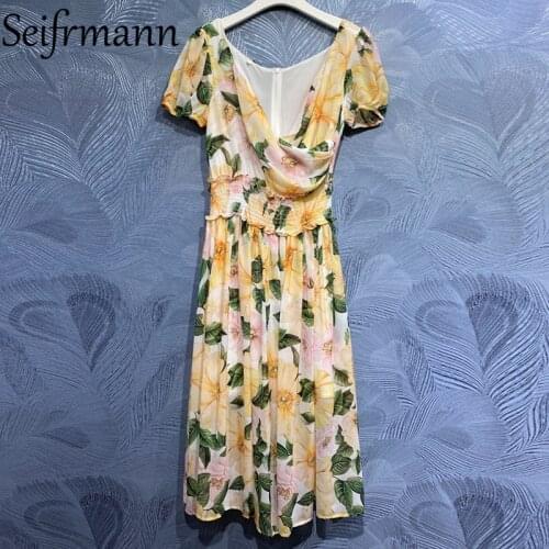 Seifrmann New 2021 Summer Women Fashion Designer Party Long Dress Lantern Sleeve Ruffles Elastic Waist Floral Print Ladies Dress