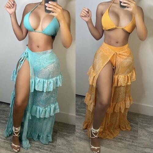 Sexy 2 Piece Sets Womens Outfits Party Club Vacation Maxi Dress Sets Bra Crop Top and Ruffles Long Skirt Matching Sets Beachwear