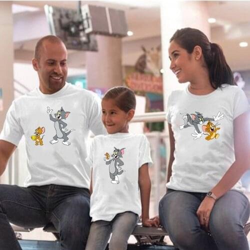 Family Matching Outfits Kpop Fashion Unisex T-Shirt Daddy Mommy and Me Kawaii Cartoon Tees Short-sleeved Summer Soft Streetwear