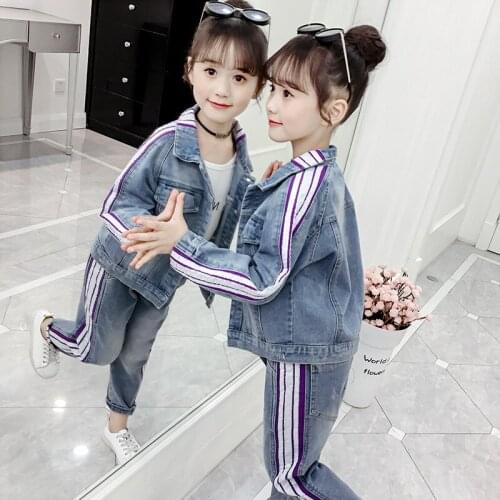 Spring Autumn Casual Girls Street Wear 2 Piece Sets Side Striped Patchwork Loose Denim Jackets+Jeans Children Outfits 4-13T