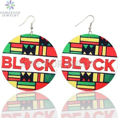 SOMESOOR African Colors Black Artistic Wooden Drop Earrings Vintage Afro Map Design Printed Loops Dangle Jewelry For Women Gifts