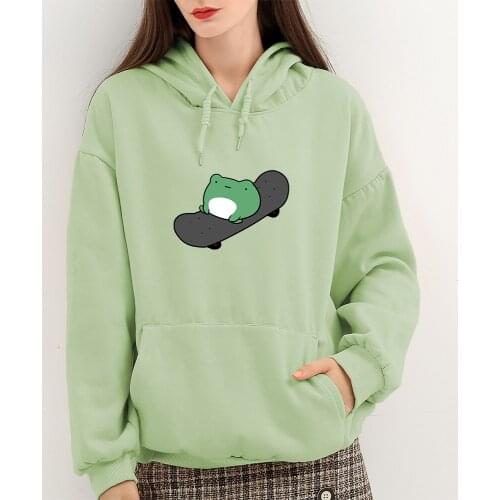 Winter Skateboard Frog Oversized Sweatshirt Men and Women Cotton Hoodies Harajuku Kawaii Warm Pullover Pink Womens Korean Style