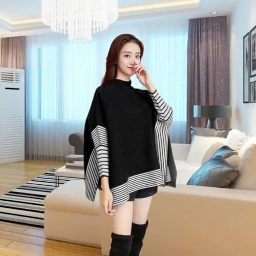 Spring Autumn 2021 Cloak Bat Sleeve All-match Splicing Korean Fashion Knit Coat Womens Clothing Top Half High Collar Side Split