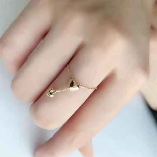 VOJEFEN Finger Chain Rings 18K Yellow Gold CZ Adjustable Rings Heart Drop AU750 Gold Ring For Women or Girls Fine Jewelry