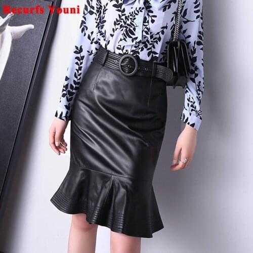 Genuine Leather Skirt 2021 Autumn/Winter Elegant Fishtail Lambskin Wrap Saias Ladies Midi Long Ring Belt Office Working Faldas
