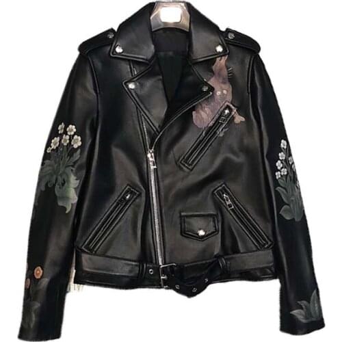 Women Length Short Clothes Spring Real Sheepskin Coat 3D Print Fox Pattern Genuine Leather Jacket Locomotive Model + FN7812