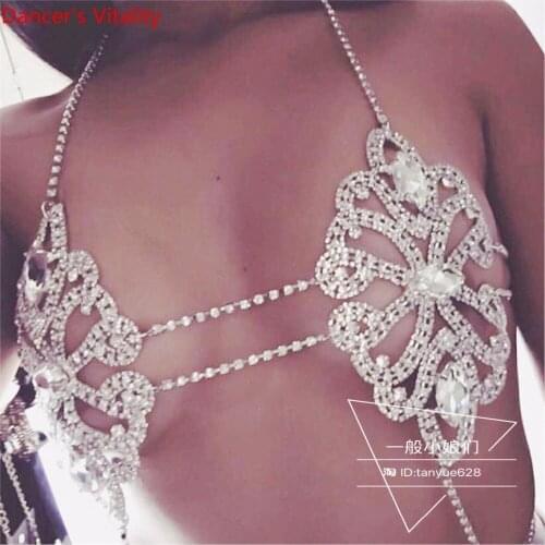 Nightclub Hot Sale Sexy Rhinestone Cut out Chain Bikini Sling Bra Metal Bar Late-night Show Pole Jazz Dance Performance Costume